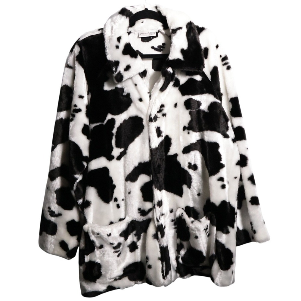 VTG Chicos Cow Print Faux Fur Jacket Coat Womens M L‎ Buttons Pockets Collar USA